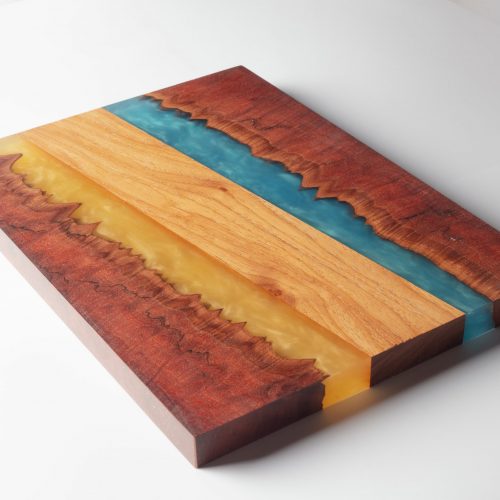 River epoxy resin blue gold timber chopping board
